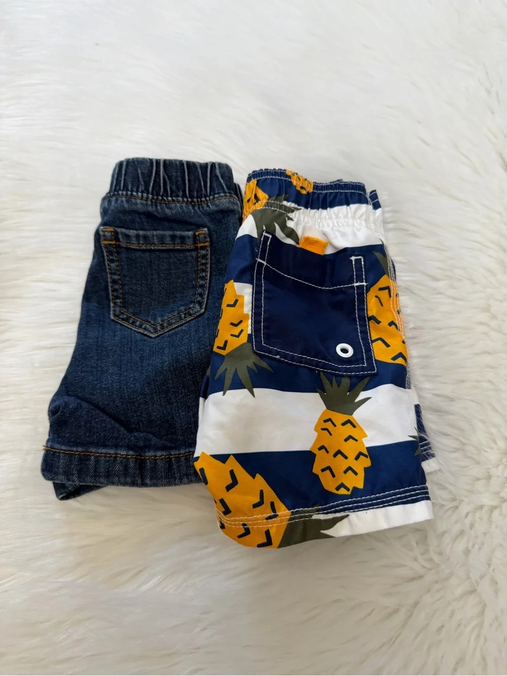 Two! Boy’s Pineapple Stripe Swim Shorts & Blue Denim Shorts 6-12months